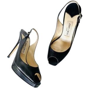 JIMMY CHOO Classic Black Leather Open Peep Toe Heeled Slingback Sandals Shoes 38